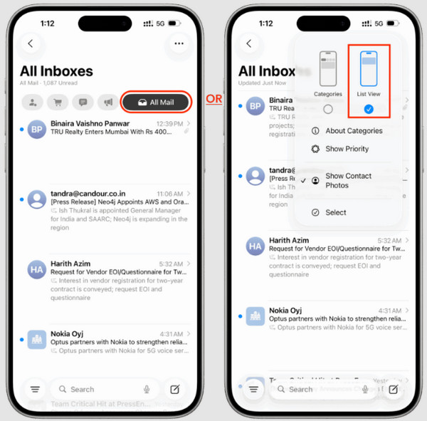 הקישו על כפתור "כל הדואר"