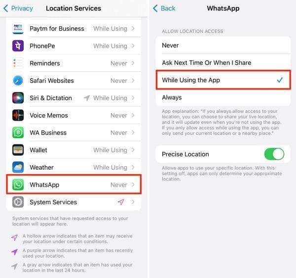 WhatsApp Περιορισμός Δικαιωμάτων Τοποθεσίας σε iPhone