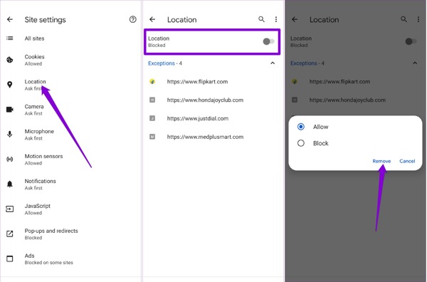 Отключить местоположение в Chrome на Android