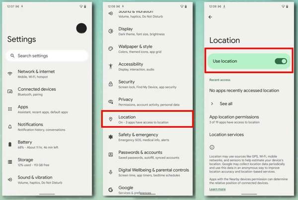 Отключить службы определения местоположения Android