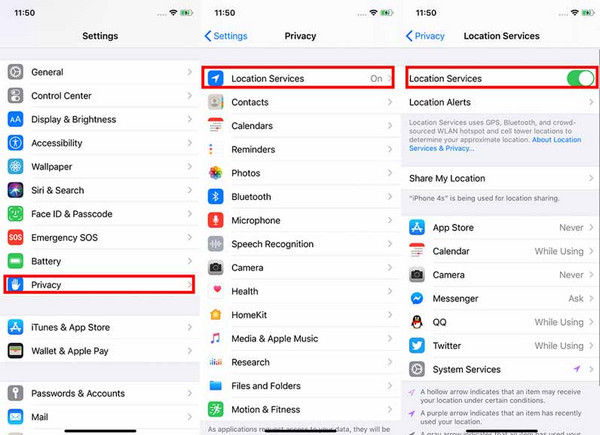 Klepněte na tlačítko Služby polohy