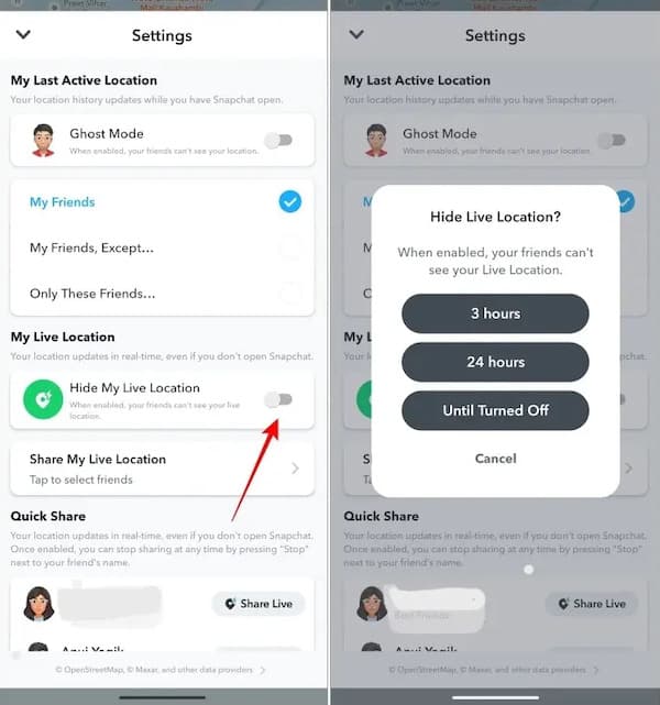 Enable Hide My Live Location