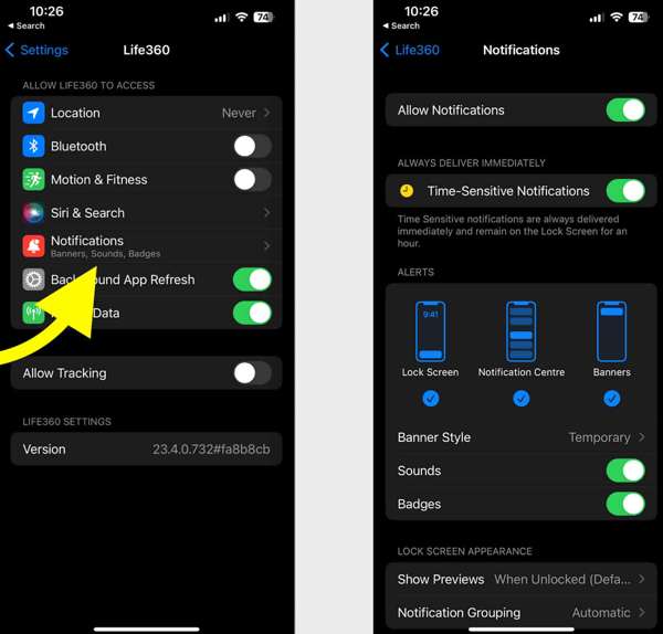 Life360 értesítések iOS