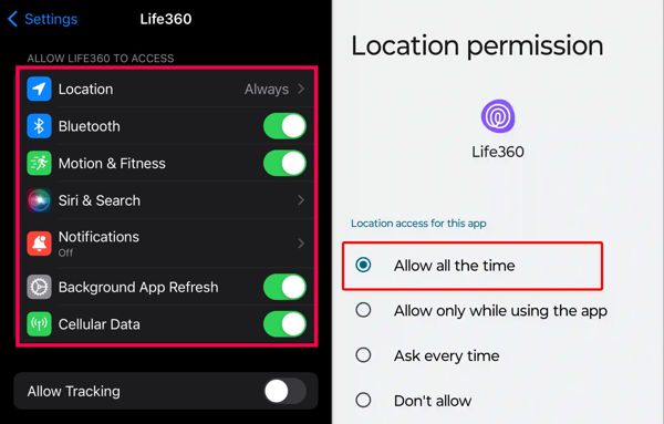 Life360 helybeállítások