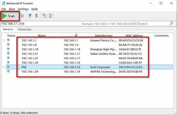 Iniciar el escaneo de direcciones IP