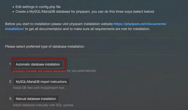 Select Automatic Database Installation Option