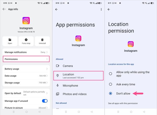 Разрешения Instagram на Android