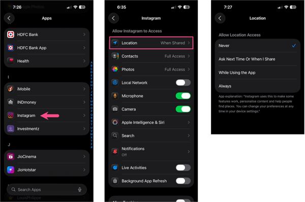 Отключить общий доступ к геолокации в Instagram на iPhone