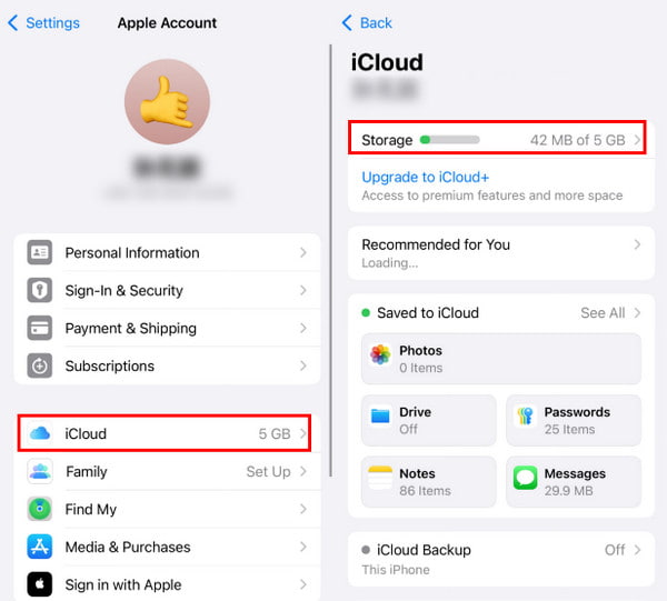 Настройки хранилища iCloud