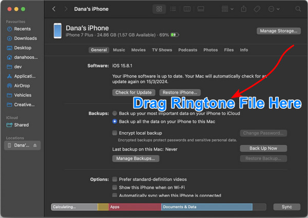 Trageți fișierul tonului de apel în iTunes Finder
