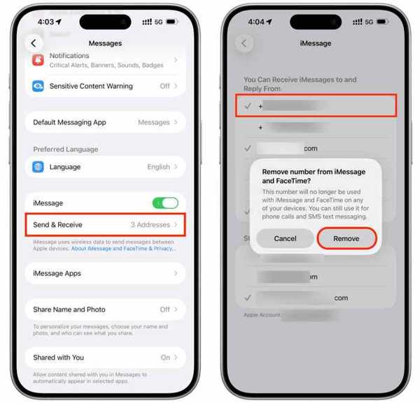 Удалить номер iMessage