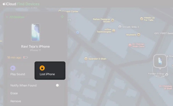 Način gubitka iPhone – iCloud