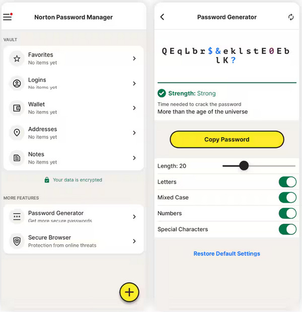 Antara Muka Aplikasi Pengurus Kata Laluan Norton