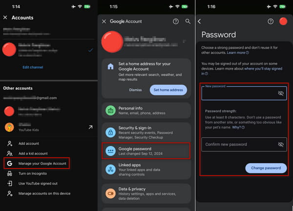 Change YouTube Password on Mobile Phone