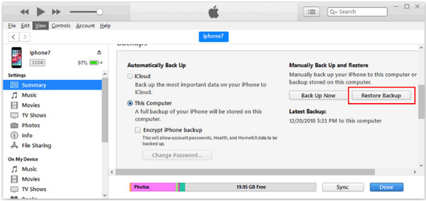 Восстановить резервную копию iTunes