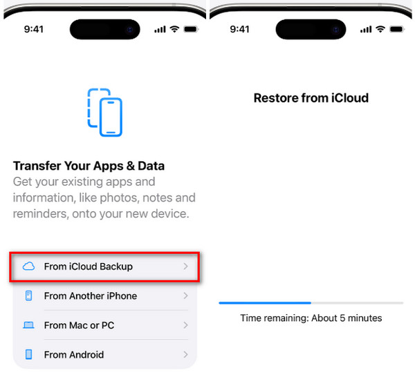 Trykk på Fra iCloud-sikkerhetskopi-knappen
