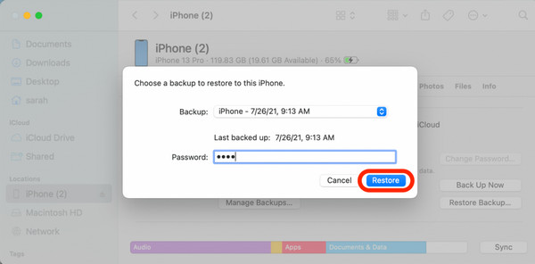 Finder Nhập mật khẩu sao lưu