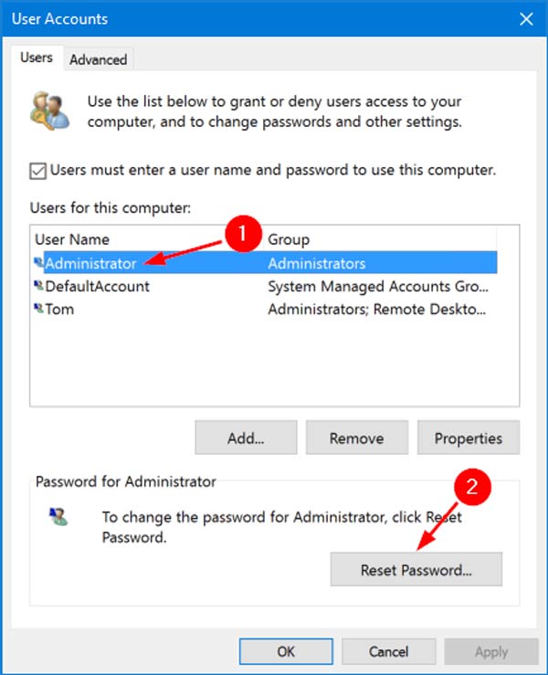 Reimposta password amministratore Windows 10