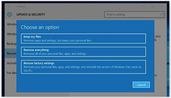 फ़ैक्टरी सेटिंग्स पुनर्स्थापित करें Windows 10