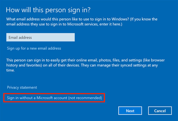 Sign in without a microsoft account