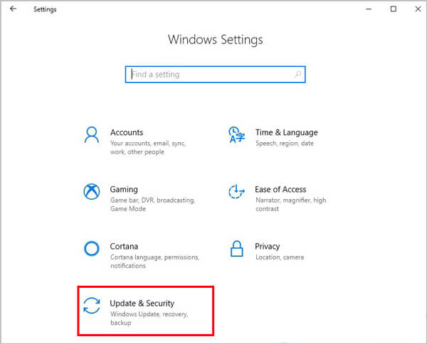 Windows settings updarte security