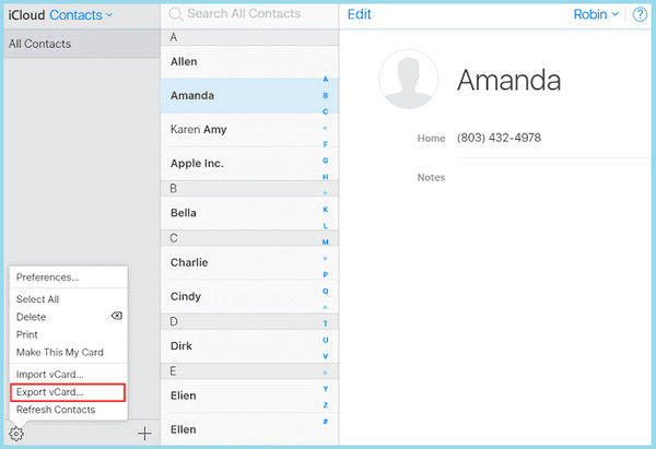 Clique em Exportar contatos do iCloud no Vcard
