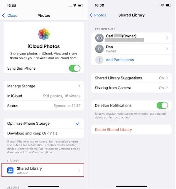 Paramètres de la bibliothèque partagée iCloud