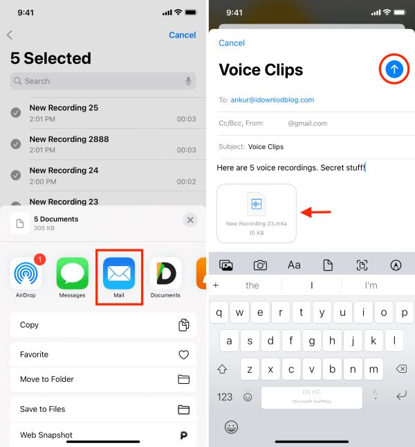将 iPhone 上的语音备忘录传输到电脑电子邮件