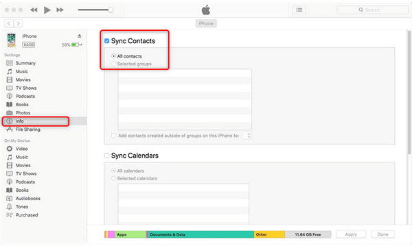 مزامنة جهات اتصال iPhone مع iTunes