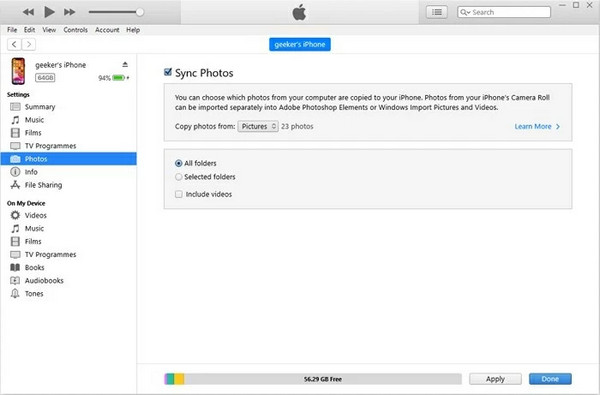 Fotos de iTunes Sincronizar fotos aplicar