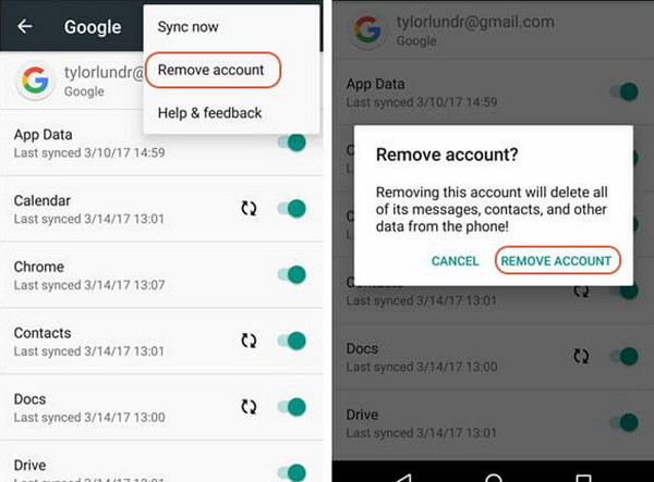 Klepněte na tlačítko Odebrat účet