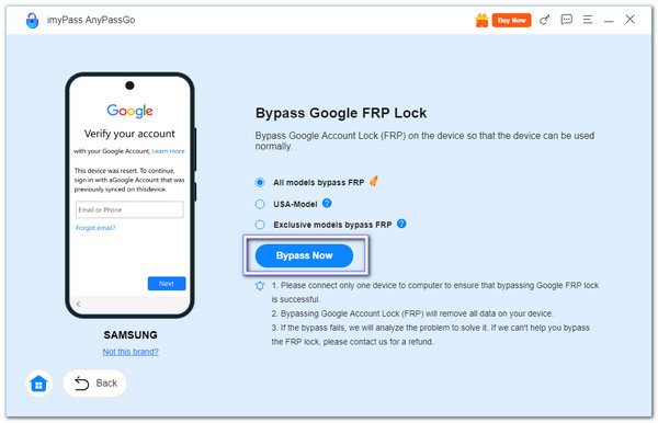 Samsung Välj Samsung och klicka på Bypass Now