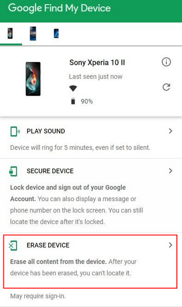 이 기기 지우기 Xperia