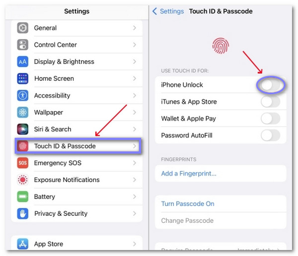 Отключите Touch ID для разблокировки