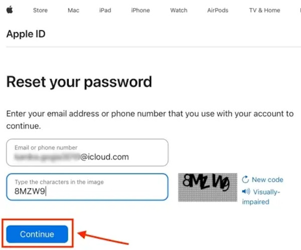 Tilbakestill iCloud-passord via e‑post