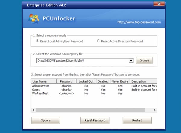 PCUnlocker इंटरफ़ेस