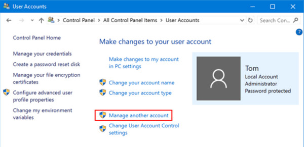 انقر فوق زر "إدارة حساب آخر"