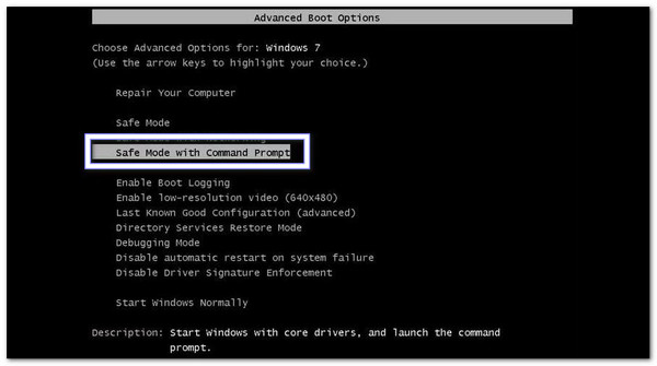 Chọn Chế độ an toàn với Dấu nhắc lệnh