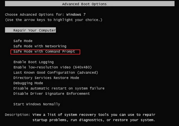 Cliquez sur le bouton Mode sans échec avec invite de commandes