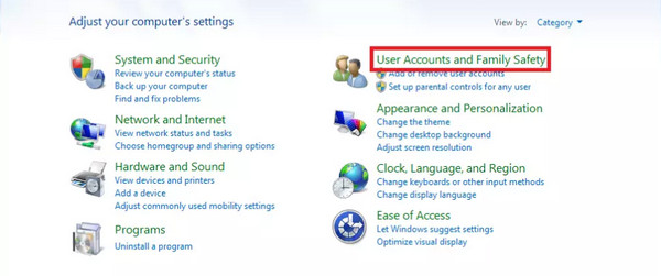 Cliquez sur le bouton Comptes utilisateurs et sécurité familiale