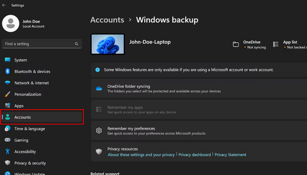 Fai clic sul pulsante Account
