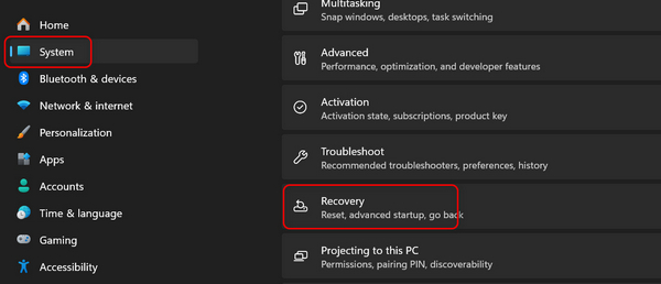 Επιλέξτε Ανάκτηση στις Ρυθμίσεις