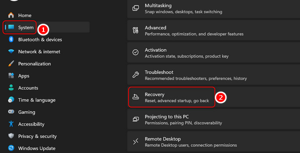 Επιλέξτε Ανάκτηση στα Windows 11