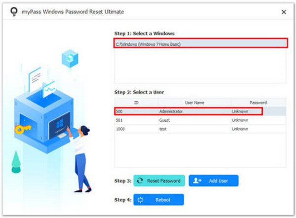 ระบุระบบปฏิบัติการ Windows และบัญชีผู้ใช้