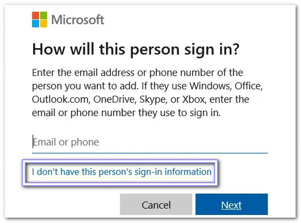Válassza a Nincsenek meg ennek a személynek a bejelentkezési adatai lehetőséget