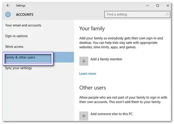 Család és más felhasználók megnyitása