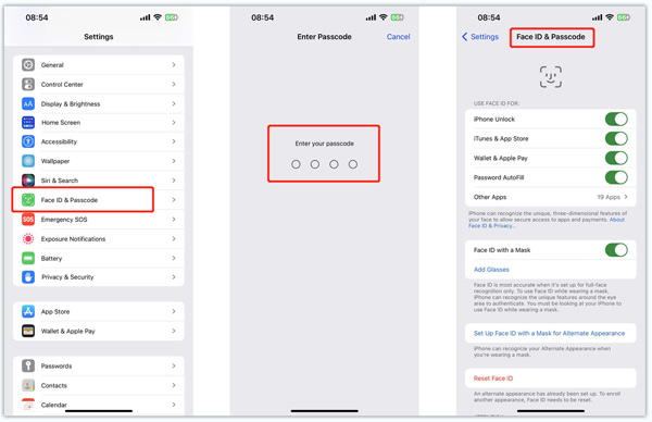 Få adgang til iPhone Face ID-adgangskodeindstillinger