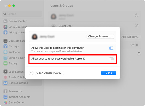 允许用户使用 Apple ID 重置 Mac 密码