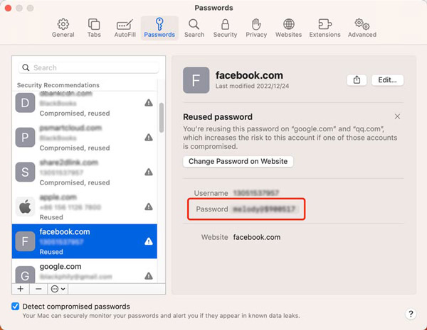 Sjekk lagrede Safari-passord på Mac