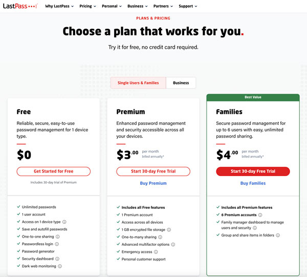 LastPass Password Manger Pricing